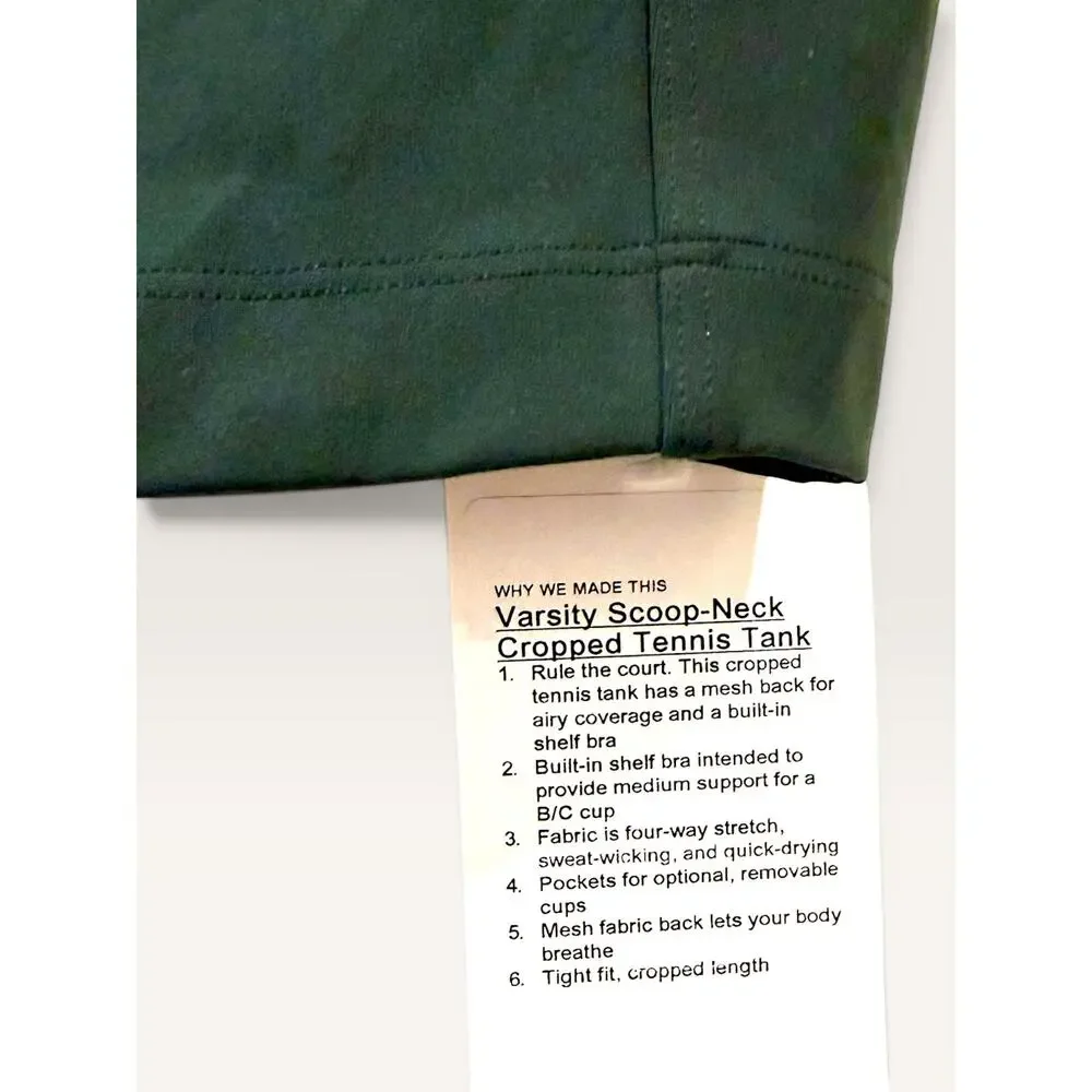 LULULEMON Varsity Scoop Neck Cropped Tennis Tank Legacy Green 6 NWT